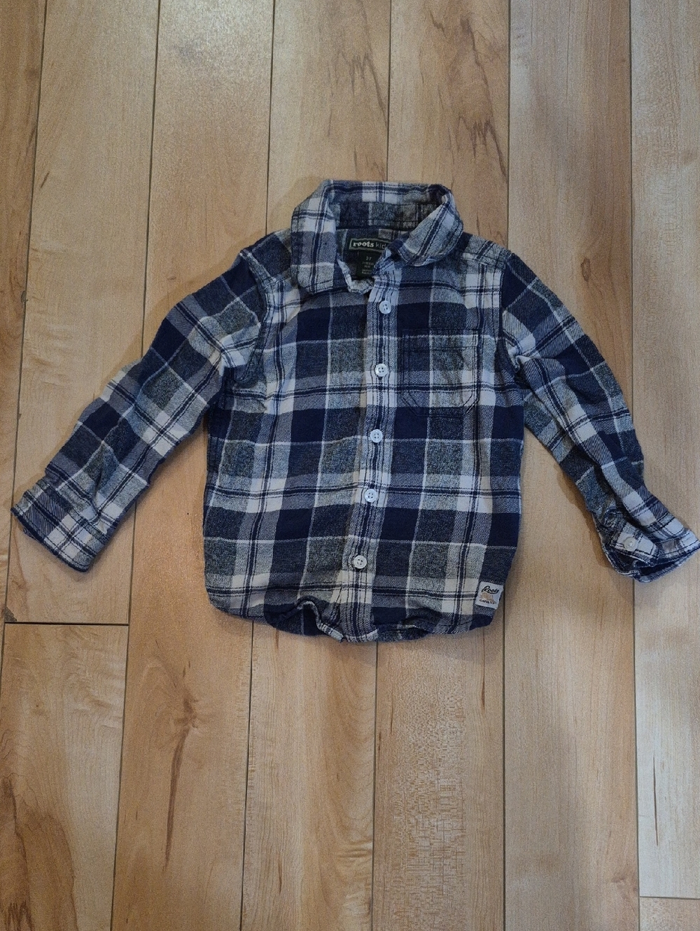 Boys Size 3T Roots Plaid Long-Sleeve Button-Up Shirt for Kids - Navy & White